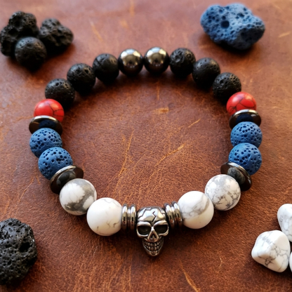 Skull bead bracelet with lava stone and marble beads