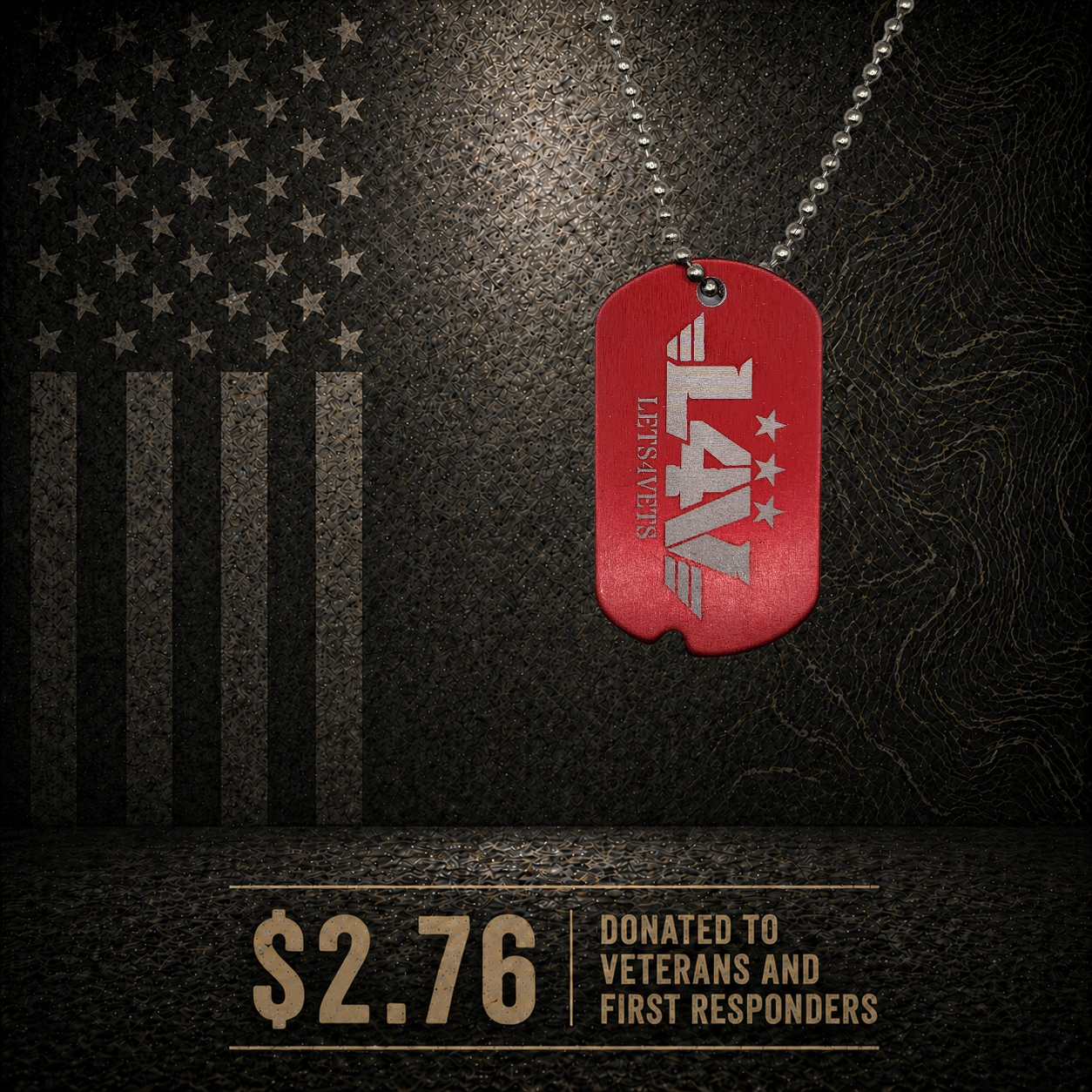 Red LETS4VETS dog tag with American flag background